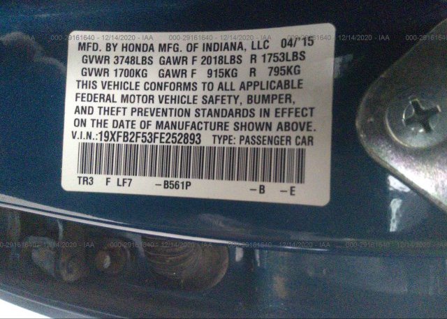 19XFB2F53FE252893 2015 HONDA CIVIC SEDAN