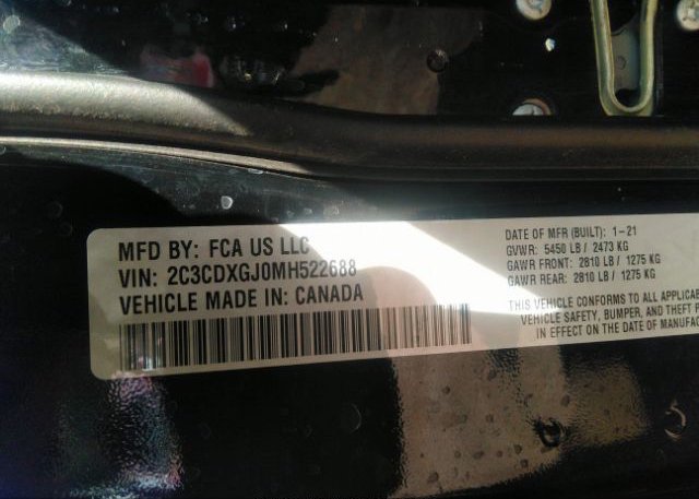 2021 DODGE CHARGER(VIN: 2C3CDXGJ0MH522688