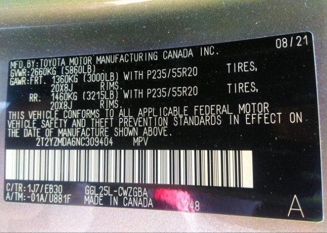 2022 LEXUS RX(VIN: 2T2YZMDA6NC309404