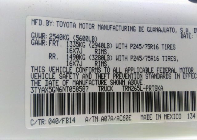 2022 TOYOTA TACOMA 2WD(VIN: 3TYAX5GN6NT058587