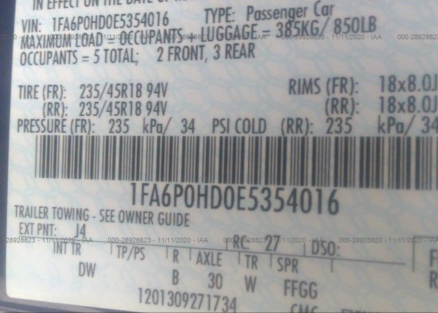 1FA6P0HD0E5354016 2014 FORD FUSION