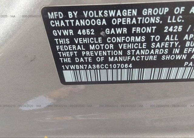 1VWBN7A36CC107064 2012 VOLKSWAGEN PASSAT