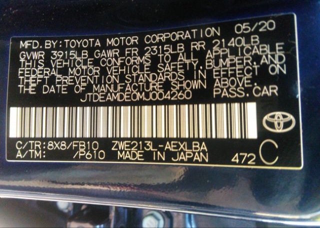 2021 TOYOTA COROLLA(VIN: JTDEAMDE0MJ004260