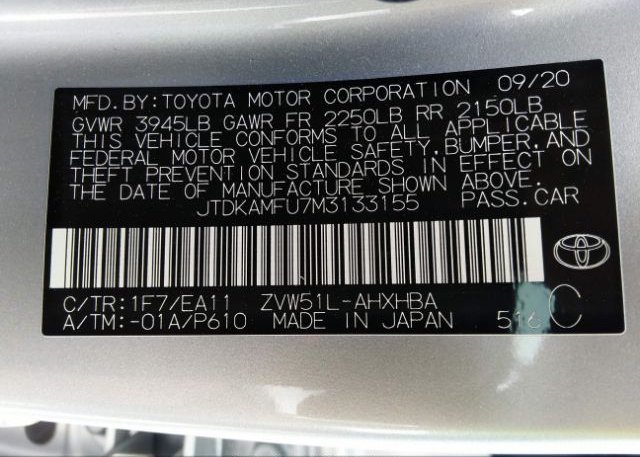 2021 TOYOTA PRIUS(VIN: JTDKAMFU7M3133155