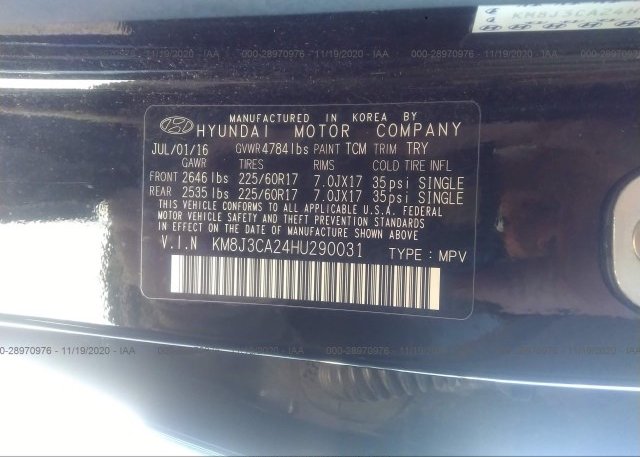 KM8J3CA24HU290031 2017 HYUNDAI TUCSON