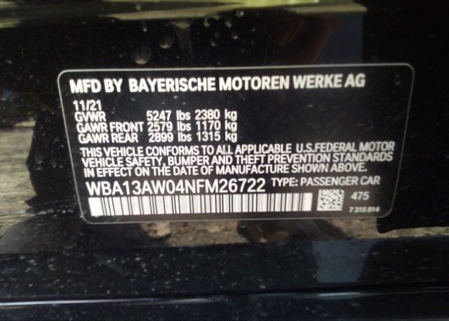 2022 BMW 4 SERIES(VIN: WBA13AW04NFM26722