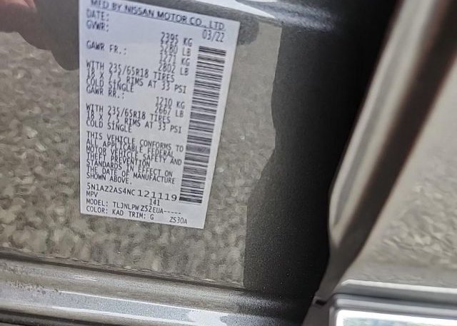 2022 NISSAN MURANO(VIN: 5N1AZ2AS4NC121119