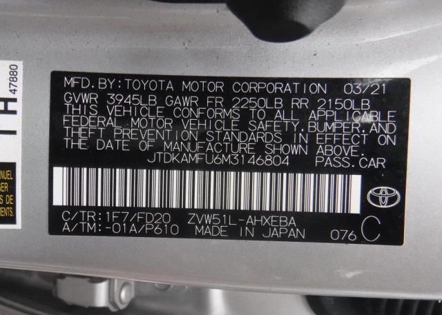 2021 TOYOTA PRIUS(VIN: JTDKAMFU6M3146804