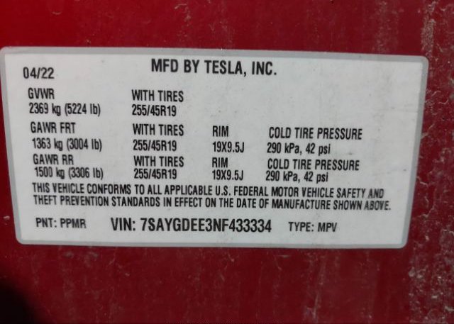 2022 TESLA MODEL Y(VIN: 7SAYGDEE3NF433334
