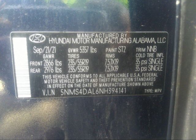 2022 HYUNDAI SANTA FE(VIN: 5NMS4DAL6NH394141