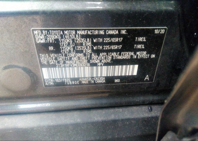 2021 TOYOTA RAV4(VIN: 2T3H1RFV3MC093218