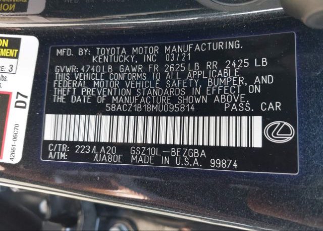 2021 LEXUS ES(VIN: 58ACZ1B18MU095814