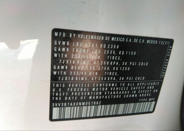 2022 VOLKSWAGEN TIGUAN(VIN: 3VV3B7AX0NM057882