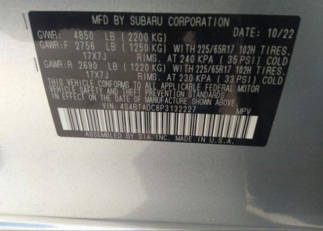 2023 SUBARU OUTBACK(VIN: 4S4BTADC8P3132227