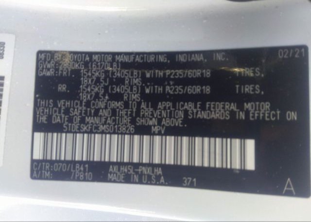 2021 TOYOTA SIENNA(VIN: 5TDESKFC3MS013826