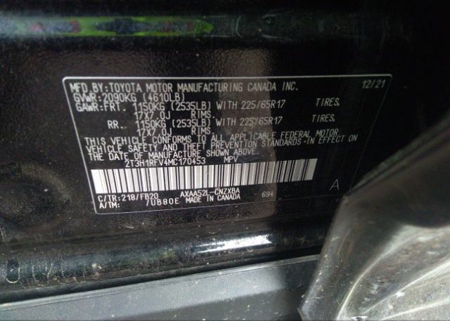 2021 TOYOTA RAV4(VIN: 2T3H1RFV4MC170453