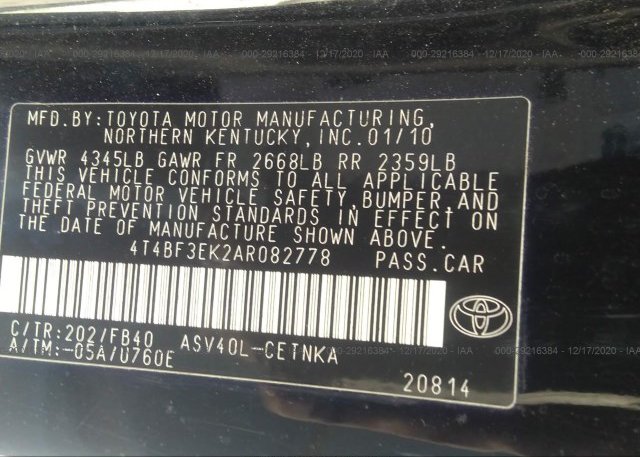 4T4BF3EK2AR082778 2010 TOYOTA CAMRY