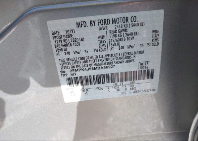 2021 FORD EDGE(VIN: 2FMPK4J98MBA56927
