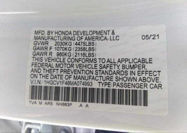 2021 HONDA ACCORD SEDAN(VIN: 1HGCV1F48MA074993