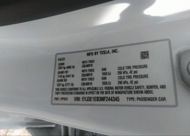 2022 TESLA MODEL 3(VIN: 5YJ3E1EB3NF244345