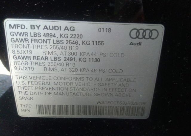 2018 AUDI Q3 VIN: WA1ECCFS3JR025196