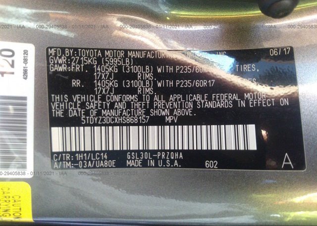 5TDYZ3DCXHS868157 2017 TOYOTA SIENNA