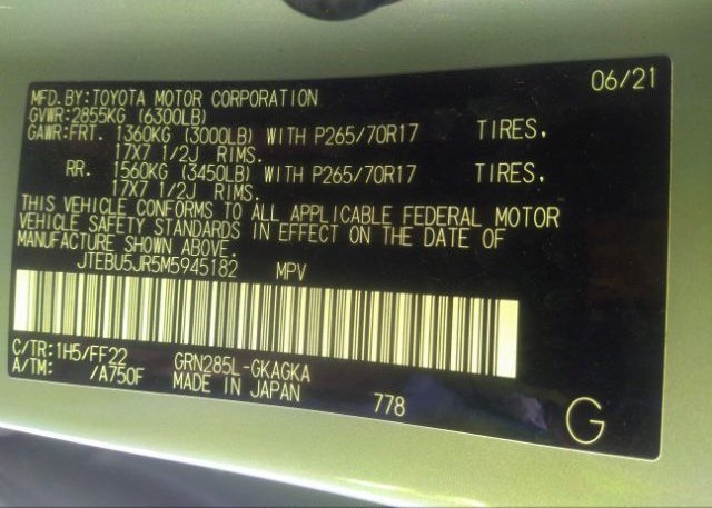 2021 TOYOTA 4RUNNER(VIN: JTEBU5JR5M5945182