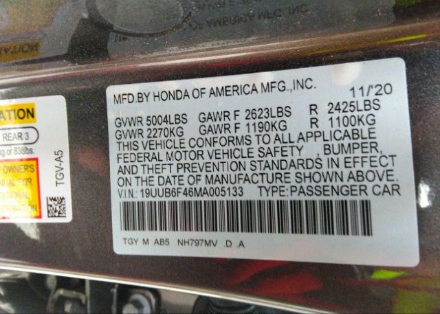 2021 ACURA TLX(VIN: 19UUB6F46MA005133