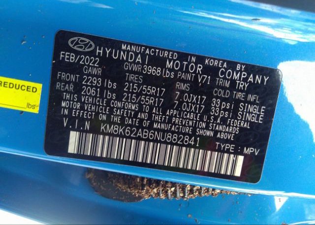 2022 HYUNDAI KONA(VIN: KM8K62AB6NU882841
