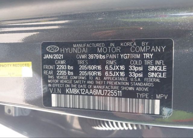 2021 HYUNDAI KONA(VIN: KM8K12AA6MU725511