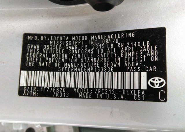 2021 TOYOTA COROLLA(VIN: 5YFEPMAE6MP153836