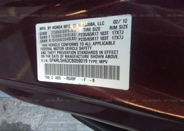 5FNRL5H63CB059019 2012 HONDA ODYSSEY
