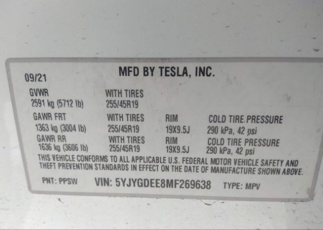 2021 TESLA MODEL Y(VIN: 5YJYGDEE8MF269638
