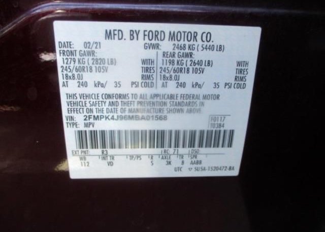 2021 FORD EDGE(VIN: 2FMPK4J96MBA01568