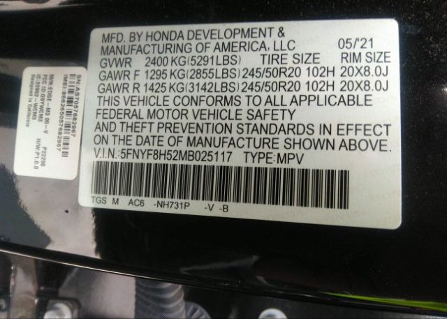 2021 HONDA PASSPORT(VIN: 5FNYF8H52MB025117