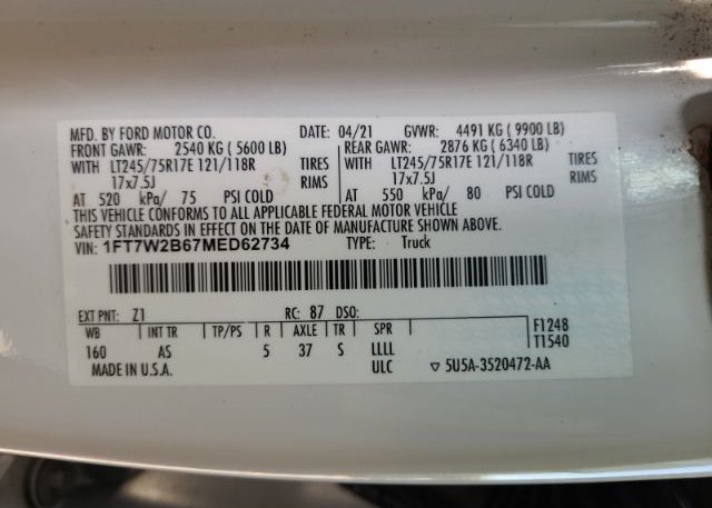 2021 FORD SUPER DUTY F-250 SRW(VIN: 1FT7W2B67MED62734
