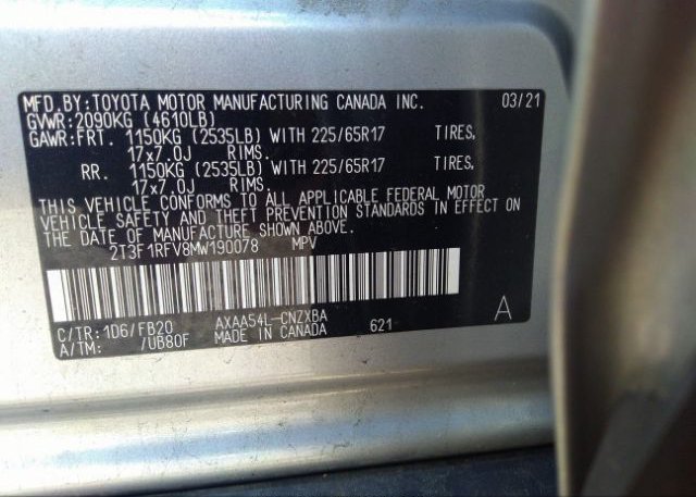 2021 TOYOTA RAV4(VIN: 2T3F1RFV8MW190078