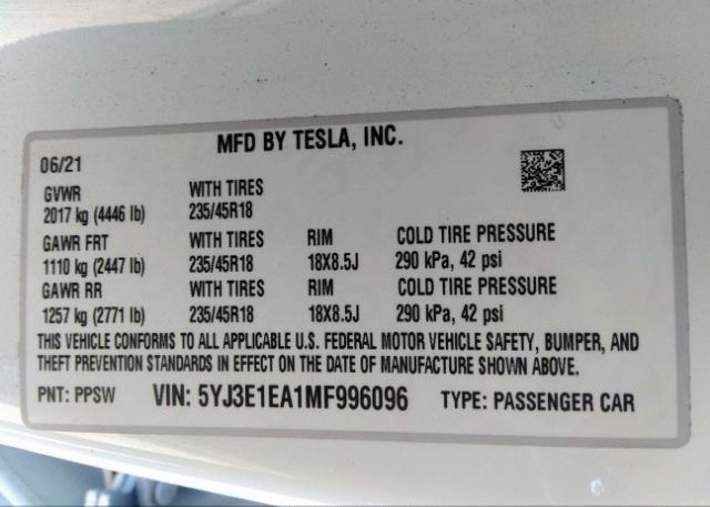 2021 TESLA MODEL 3(VIN: 5YJ3E1EA1MF996096