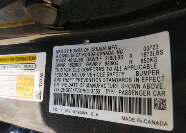 2023 HONDA CIVIC SEDAN(VIN: 2HGFE1F7XPH313053