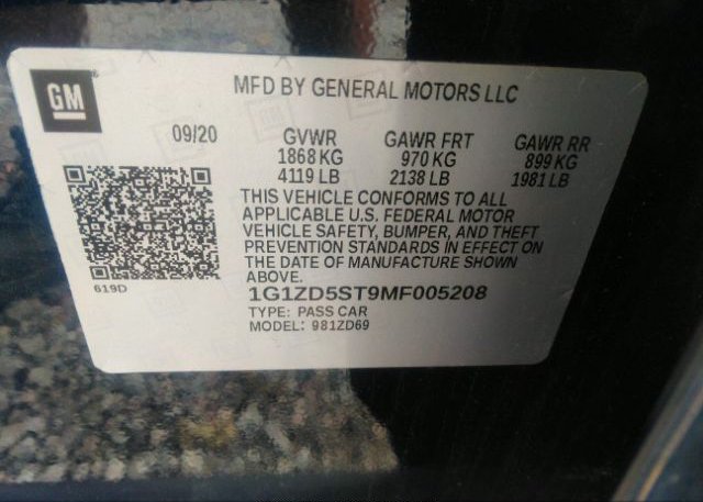 2021 CHEVROLET MALIBU(VIN: 1G1ZD5ST9MF005208
