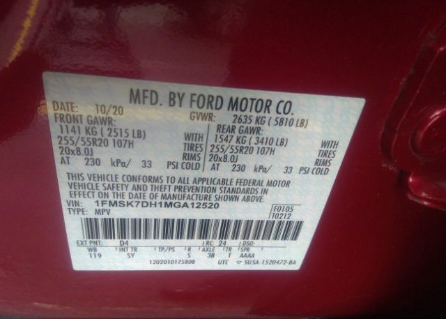 2021 FORD EXPLORER(VIN: 1FMSK7DH1MGA12520