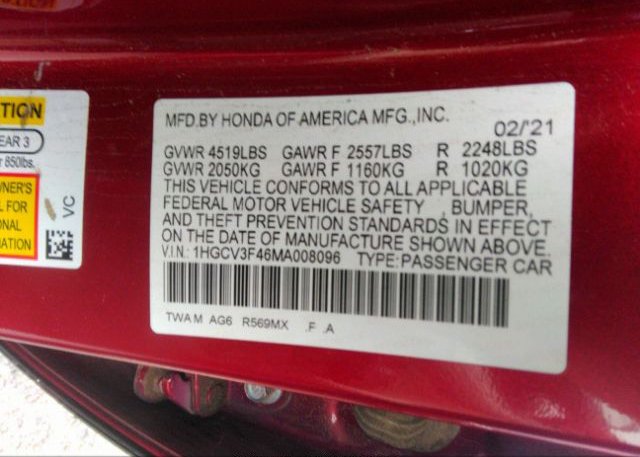 2021 HONDA ACCORD HYBRID(VIN: 1HGCV3F46MA008096