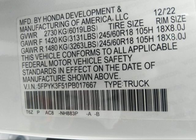 2023 HONDA RIDGELINE(VIN: 5FPYK3F51PB017667