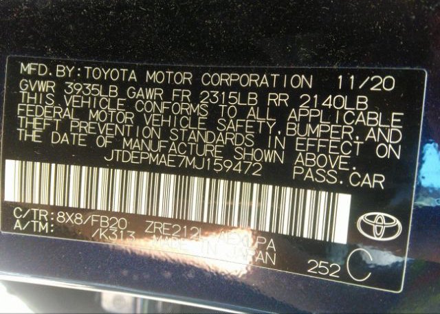 2021 TOYOTA COROLLA(VIN: JTDEPMAE7MJ159472