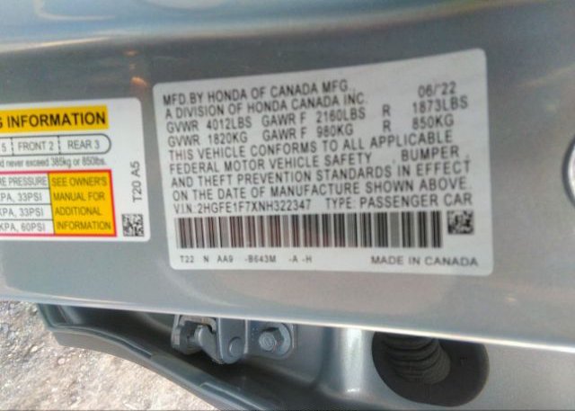 2022 HONDA CIVIC SEDAN(VIN: 2HGFE1F7XNH322347