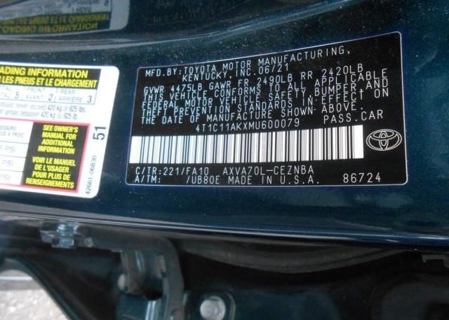 2021 TOYOTA CAMRY(VIN: 4T1C11AKXMU600079
