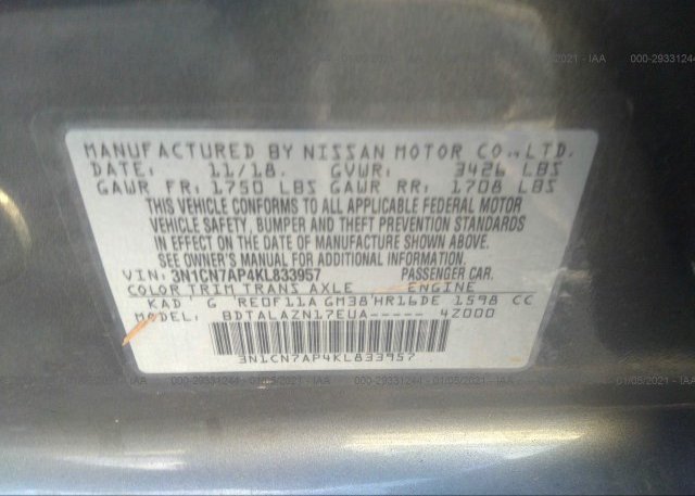 3N1CN7AP4KL833957 2019 NISSAN VERSA SEDAN