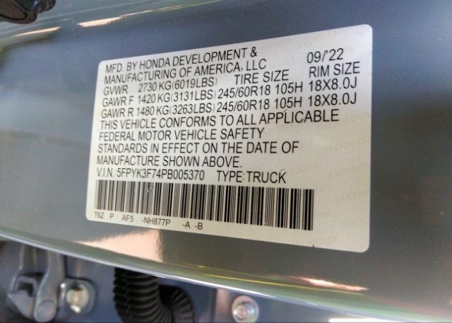 2023 HONDA RIDGELINE(VIN: 5FPYK3F74PB005370