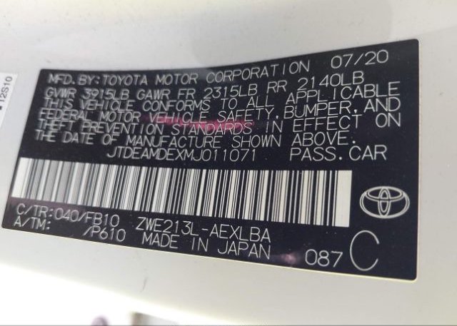 2021 TOYOTA COROLLA(VIN: JTDEAMDEXMJ011071