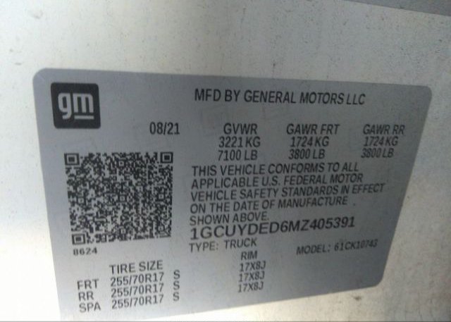 2021 CHEVROLET SILVERADO 1500(VIN: 1GCUYDED6MZ405391